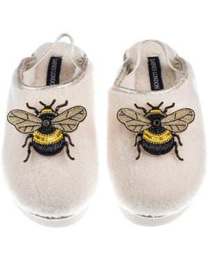 Laines London Neutrals Flatform Cloud Closed Toe Slippers With Double Honey Bee Brooches - Metallic