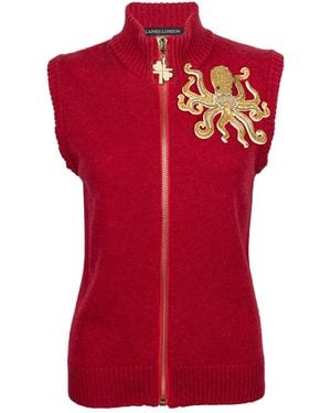 House of Laines London Cashmere-Wool Gilet With Hand-Embellished Octopus Brooch - Red