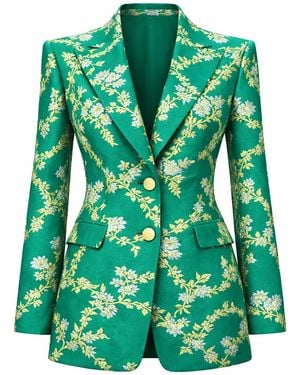 Richa Sharma Luxury Handcrafted Emerald Silk Brocade Blazer With Floral Motifs - Green