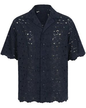 Modenaire Embroidered Eyelet Shirt Relaxed Fit Resort Collar - Blue
