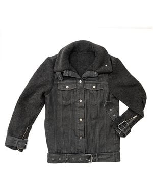 Circular Path Teddy Denim Moto Jacket - Black