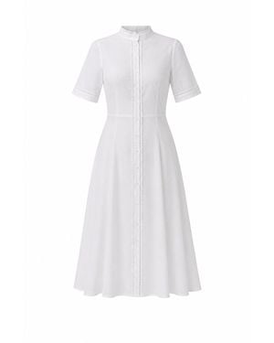 IZABELA MANDOIU Elegant Linen Lace Trim Midi Dress - Gray