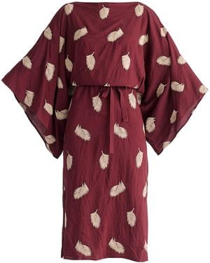 Paisie Leaf Embroidered Kimono Sleeves Midi Dress
