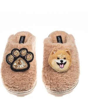 Laines London Neutrals Teddy Closed Toe Slippers With Teddy The Pomeranian & Paw Brooches - Metallic