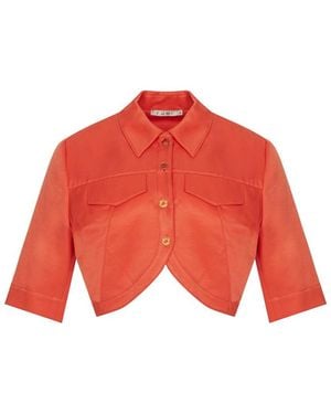 Rue Les Createurs Pocket Detail Short Sleeve Coral Crop Shirt - Red