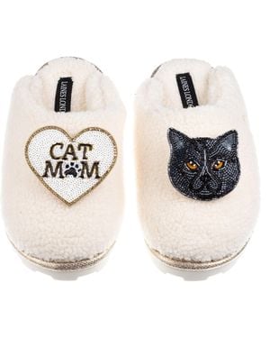 Laines London Neutrals Teddy Closed Toe Slippers With Cat Mum/Mom & British Shorthair Brooches - Metallic