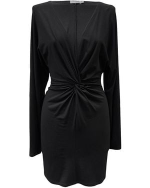 Imaatu Eclipse Knot Front Extremely Deep V-Neck Sculpting Elastic Viscose Mini Dress Long Kimono Sleeves - Black