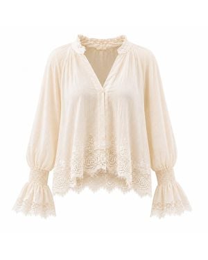 IZABELA MANDOIU Elegant Ivory Bohemian Blouse With Delicate Lace Embroidery And Romantic Bell Sleeves - White