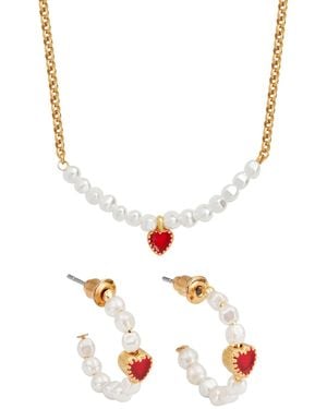 Fable England Love Heart Pearl Necklace & Heart Peal Hoop Earrings - Metallic