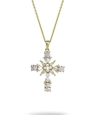 Ebru Jewelry Divine Pearl & Diamond Cross Chain Necklace - Metallic