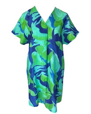 Haris Cotton Printed Linen Notched Neckline Dress With Batwing Sleeve Lagoon - Blue