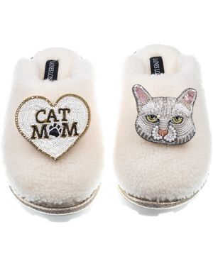 Laines London Teddy Closed Toe Slippers With Lily The Domestic Shorthair Cat & Cat Mum Mom Brooches - Metallic