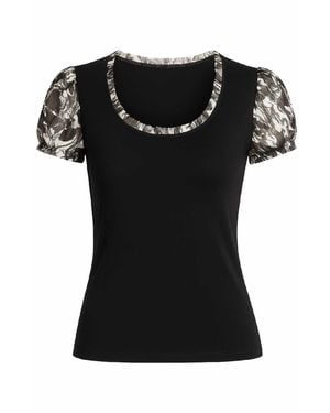 Conquista Viscose Jersey Top With Printed Puff Sleeves & Ruffled Neckline - Black