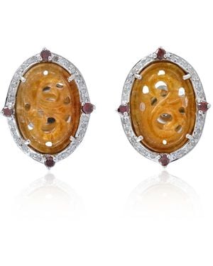 Artisan 18K & Sterling Carved Jade Diamond Stud Earrings - Metallic