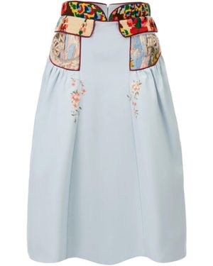Rondooz Hand Painted Lightweight Denim Maxi Skirt With Antique French Gobelin Tapestry & Hand Applied Embellishment - Blue