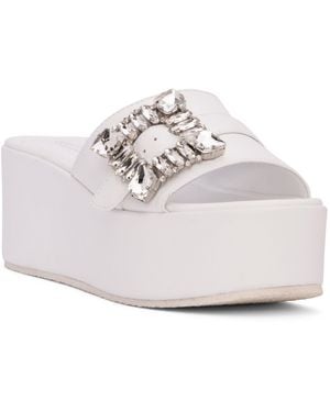 Beautiisoles by Robyn Shreiber Made in Italy Dita Leather Platform Slide Sandal Comfortable Wedge With Rhinestones For Wedding & Work - White