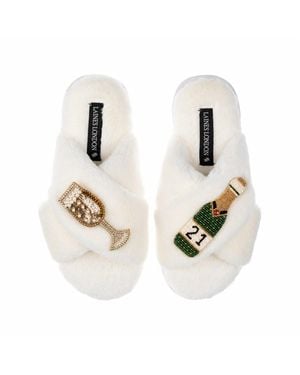 Laines London Neutrals Classic Laines Slippers With Champagne & Glass 21St Birthday Brooches - White