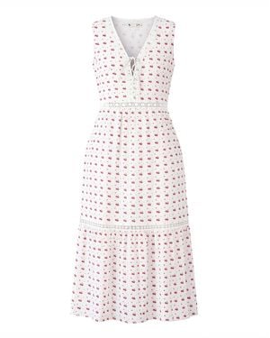 Yumi' Cherry Print Lace Trim Cotton Midi Dress - White