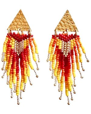 Iliana Arrazola Triangle Fringe, Dangle Earrings, And, Glass Beads, Beaded Jewellery - Red