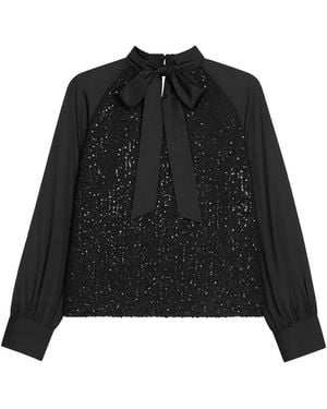 Yumi' Sequin Pussy Bow Top - Black