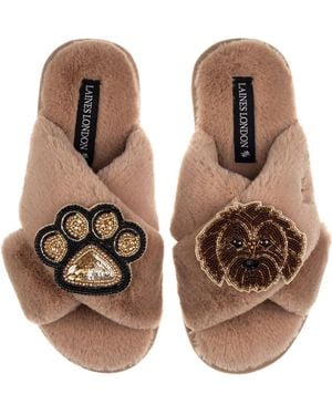 Laines London Neutrals Classic Laines Slippers With Paw & Chocolate Cockapoo Brooches - Brown