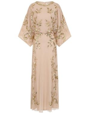 Frock and Frill Neutrals Ambretta Nude Leaf Embellished Maxi Dress With Batwing Sleeves - Natural