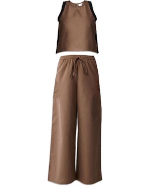 REISTOR Matching Set With Wide Leg Trousers And Colour Block Top - Brown