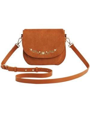 Fable England Tan Floral Faux Suede Embroidered Saddle Bag - Brown