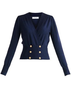 Paisie Long Sleeve Knitted Button Wrap Top - Blue