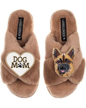 Laines London Neutrals Classic Laines Slippers With Roxy The German Shepherd & Dog Mum/Mom Brooches - Brown