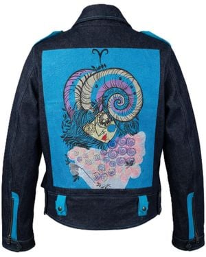 Zasta Studio Zodiac Aquarius Denim Embroidered Biker Jacket - Blue