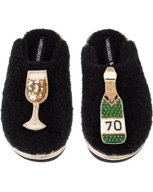 Laines London Teddy Closed Toe Slippers With 70Th Champers Bottle & Glass Brooches - Black