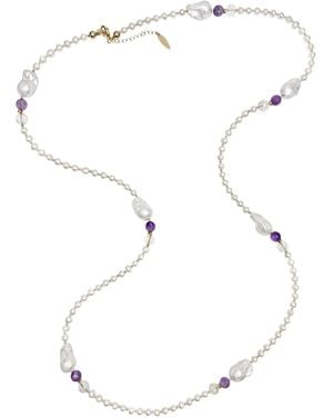 Farra Baroque Pearls With Amethyst Long Necklace - White