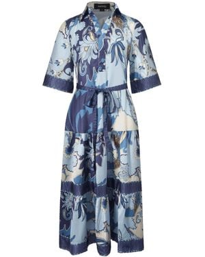 Smart and Joy Midi Shirt Dress With Artistic Print And Tied Belt - Blue