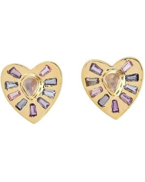 Artisan 18k Yellow Gold In Moonstone Sapphire Tanzanite Iolite Amethyst Heart Shape Stud Earrings - Metallic