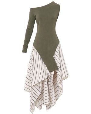 Metamorph One-Shoulder Long-Sleeve Dress With Striped Skirt - Green