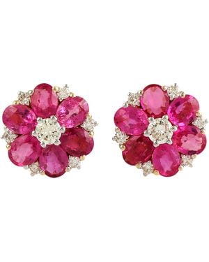Artisan Oval Cut Ruby & Diamond Flower Stud Earrings - Pink