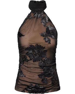 Amy Lynn Priya Floral Mesh Halter Top - Black