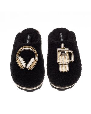 Laines London Teddy Closed Toe Slippers With Headphones & Quencher Brooches - Black