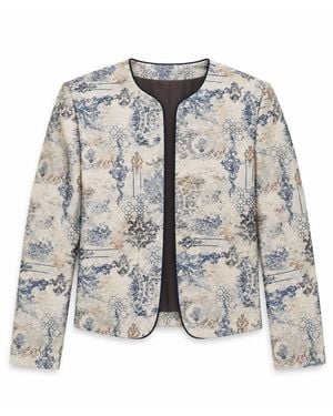 Stovaria Ivory Printed Silk-Cotton Jacquard Statement Jacket - Grey
