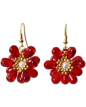 Laura Daili Ruby Flower Glass Earrings - Red