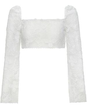 Montce Margarita Floral Lace Long Sleeve Crop Top - White