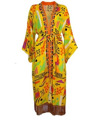 Lalipop Design Yellow Viscose Kimono With Embroidery Border