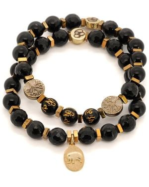 Ebru Jewelry Onyx Stone Beaded Elephant Charm Mantra Bracelet Set - Black
