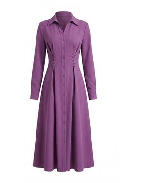 Exquise Kiersten Eyelet Detail Pocketed Shirt Collar Midi Dress - Purple