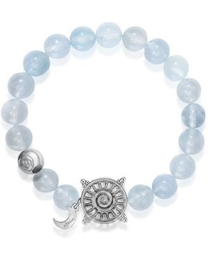 Aurozia Three Charms Solar Meridian Whitegold Plated Sundial And The Sun Coin Aquamarine Beaded Bracelet - Blue