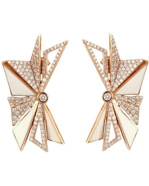 Artisan Rose 18K Rose Enamel Designer Dangle Earrings With Micro Pave Diamonds - Metallic