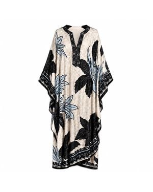 LOVEIST STORE Adenium Botanical Print Jacquard Satin Kaftan - Black