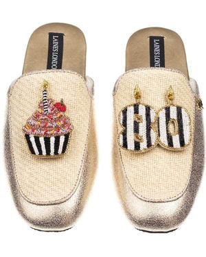 Laines London Neutrals Classic Mules With Stripe 80Th Birthday & Cake Brooches - Metallic