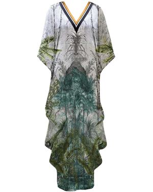 Loveist Mağazasi Hera Silkt Touch Satin Tropical Patterned Long Sleeve Abaya Kaftan - Green